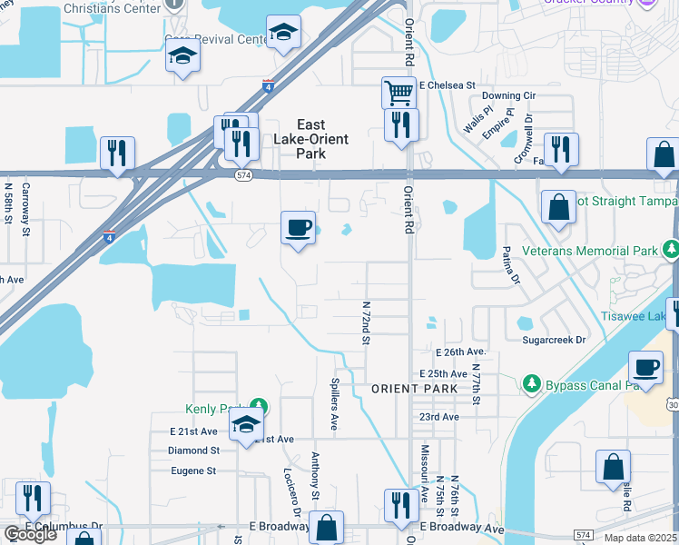 map of restaurants, bars, coffee shops, grocery stores, and more near 6910 Delano Avenue in Tampa