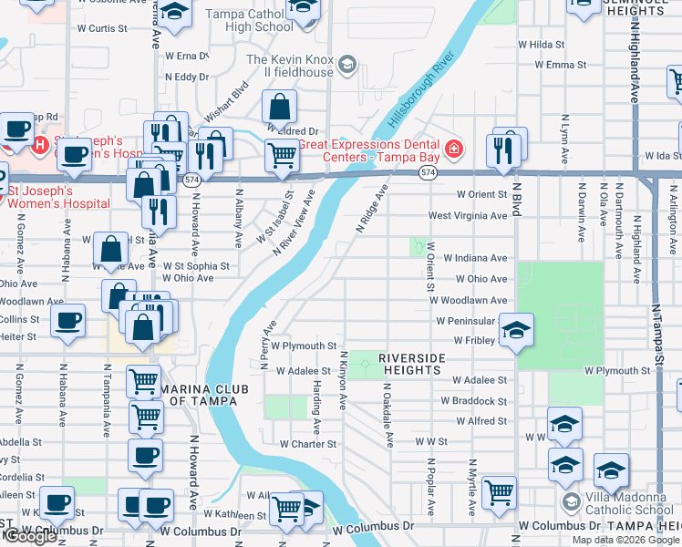 map of restaurants, bars, coffee shops, grocery stores, and more near 3702 North Ridge Avenue in Tampa