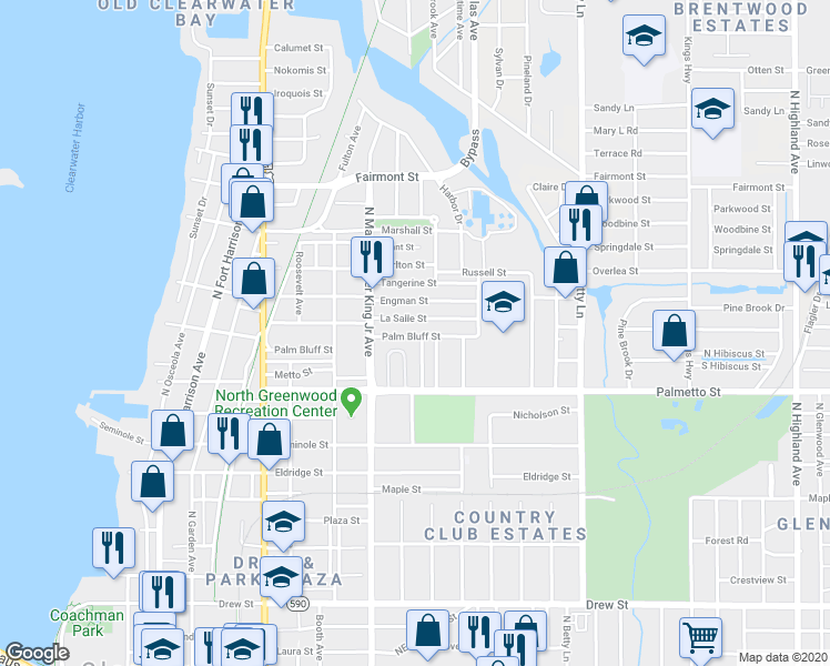 map of restaurants, bars, coffee shops, grocery stores, and more near 1136 La Salle Street in Clearwater