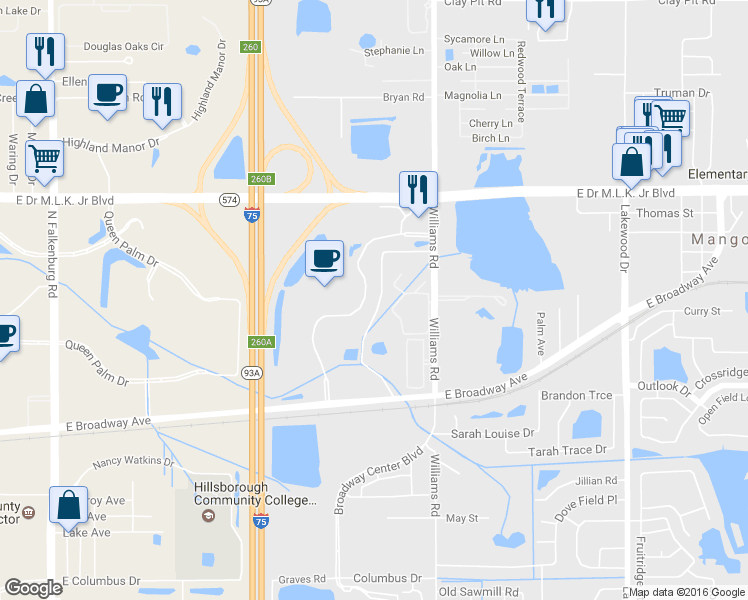 map of restaurants, bars, coffee shops, grocery stores, and more near 3720 Valley Tree Drive in Tampa