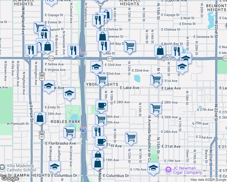 map of restaurants, bars, coffee shops, grocery stores, and more near 1006 East Lake Avenue in Tampa