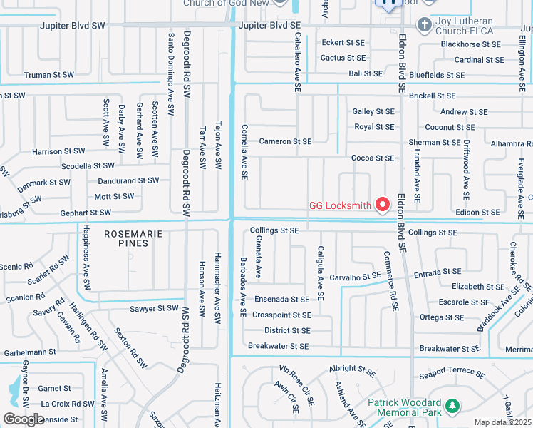 map of restaurants, bars, coffee shops, grocery stores, and more near 162 Brantley Street Southeast in Palm Bay