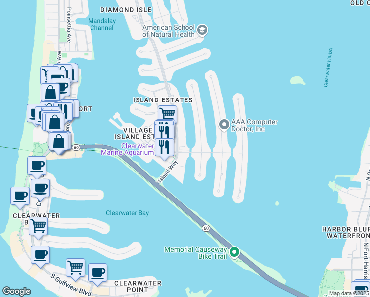map of restaurants, bars, coffee shops, grocery stores, and more near 118 Leeward Island in Clearwater
