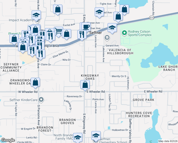 map of restaurants, bars, coffee shops, grocery stores, and more near 2242 Towering Oaks Circle in Seffner