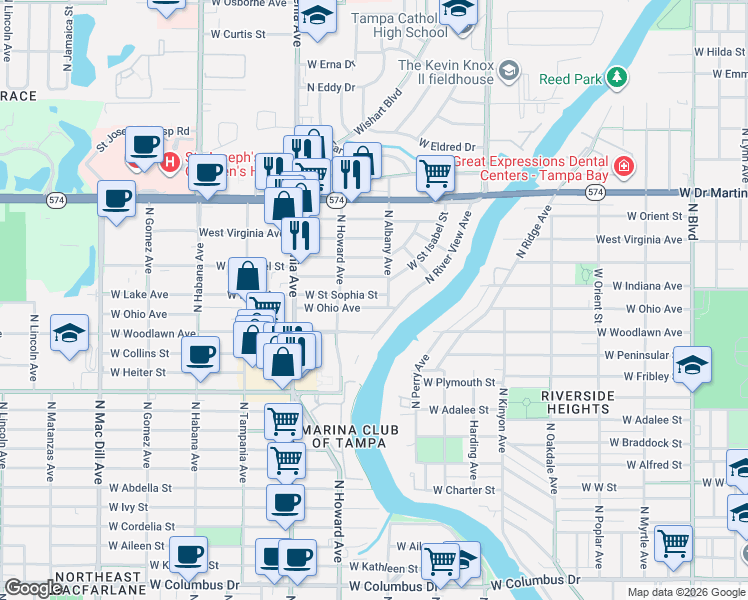 map of restaurants, bars, coffee shops, grocery stores, and more near 2115 West Saint Sophia Street in Tampa