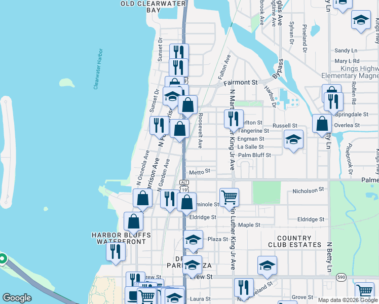map of restaurants, bars, coffee shops, grocery stores, and more near 1203 Blanche B Littlejohn Trail in Clearwater