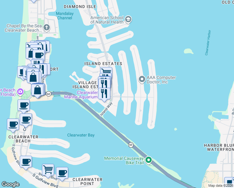 map of restaurants, bars, coffee shops, grocery stores, and more near 118 Leeward Island in Clearwater