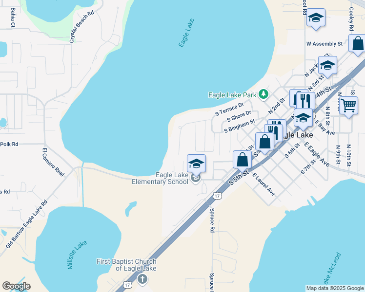 map of restaurants, bars, coffee shops, grocery stores, and more near 868 South Terrace Drive in Eagle Lake