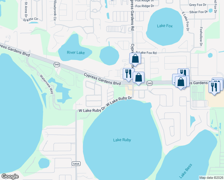 map of restaurants, bars, coffee shops, grocery stores, and more near 6840 Cypress Gardens Boulevard in Winter Haven