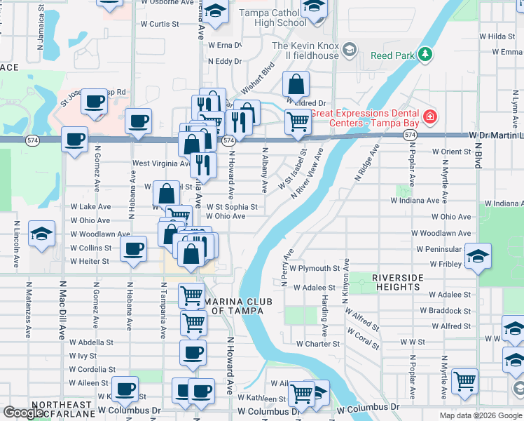 map of restaurants, bars, coffee shops, grocery stores, and more near 2207 West Ohio Avenue in Tampa