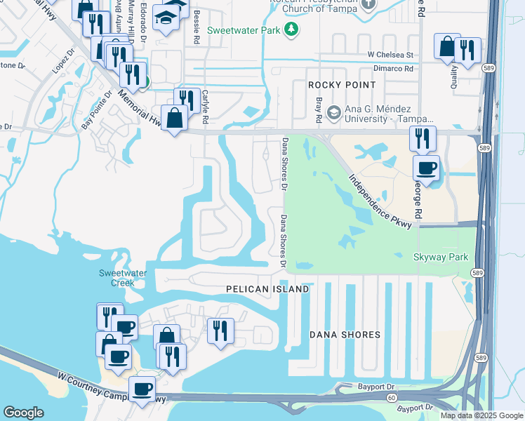 map of restaurants, bars, coffee shops, grocery stores, and more near 4148 Rocky Shores Drive in Tampa
