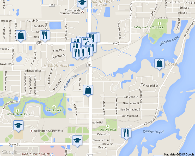 map of restaurants, bars, coffee shops, grocery stores, and more near 1327 McMullen Booth Road in Clearwater