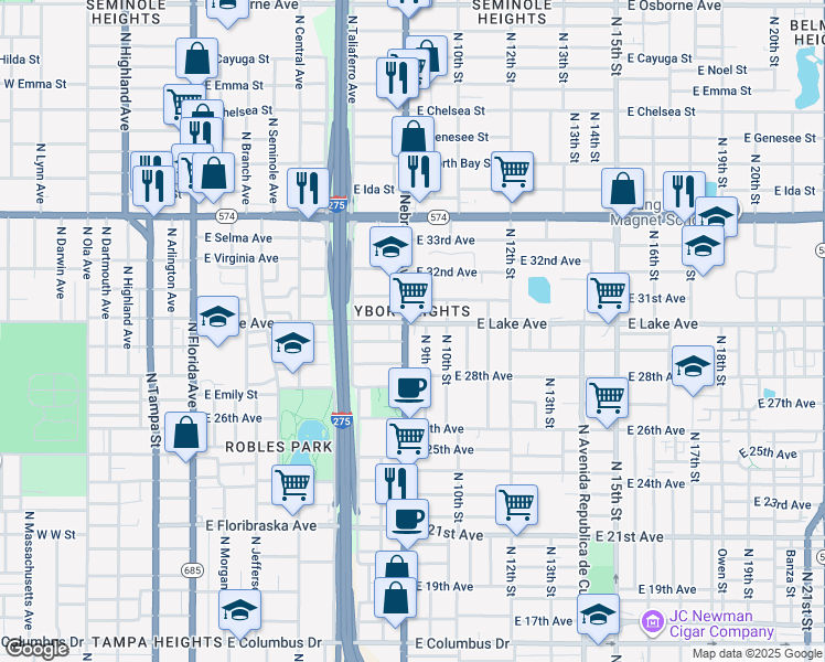 map of restaurants, bars, coffee shops, grocery stores, and more near in Tampa