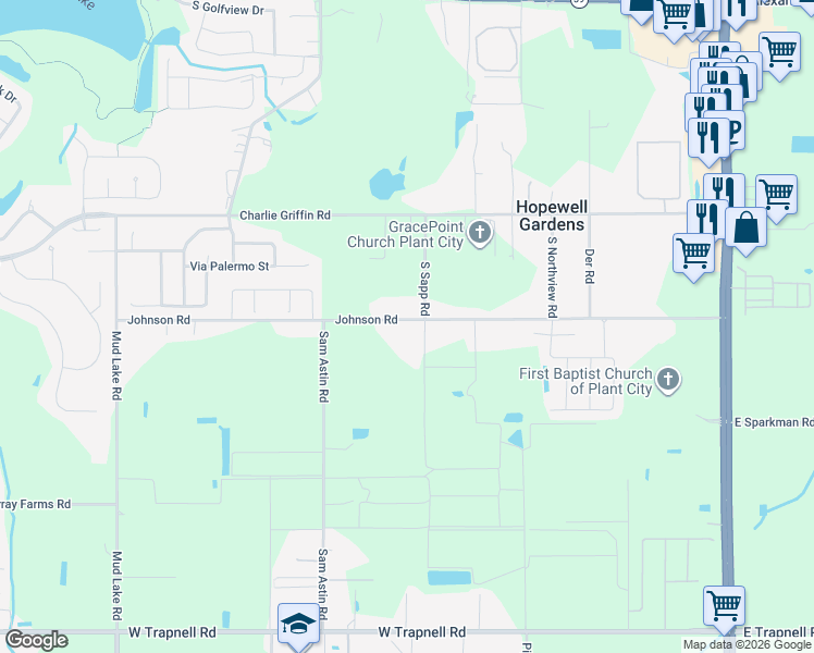 map of restaurants, bars, coffee shops, grocery stores, and more near 1204 Johnson Road in Plant City