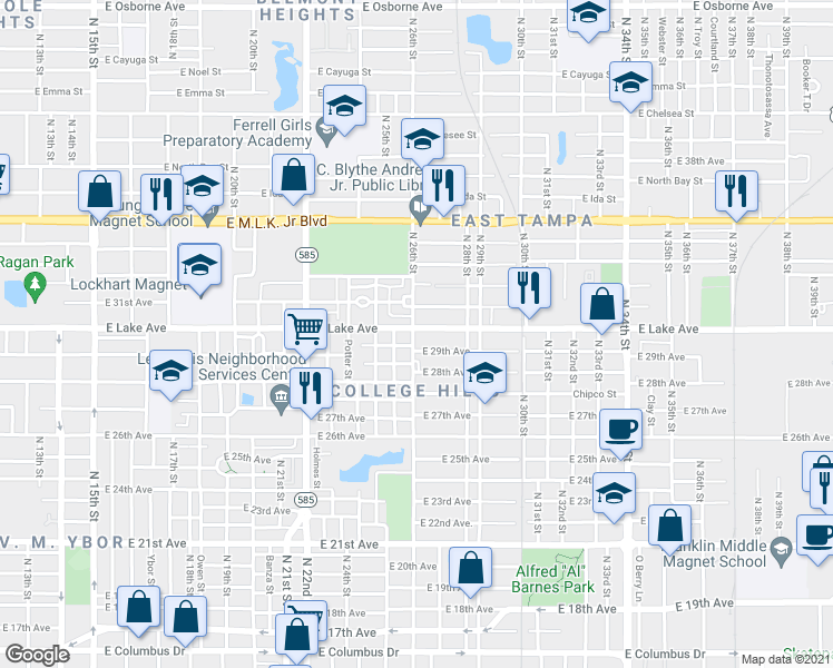 map of restaurants, bars, coffee shops, grocery stores, and more near 3704 North 26th Street in Tampa
