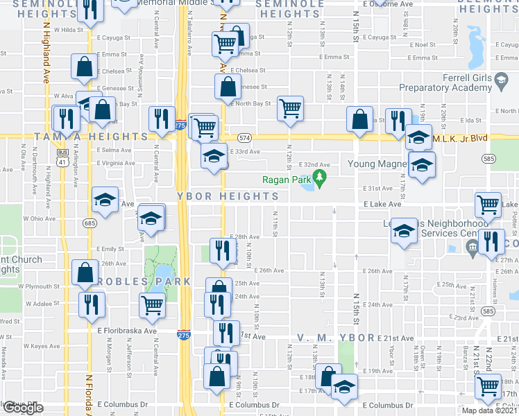map of restaurants, bars, coffee shops, grocery stores, and more near 1006 East Lake Avenue in Tampa