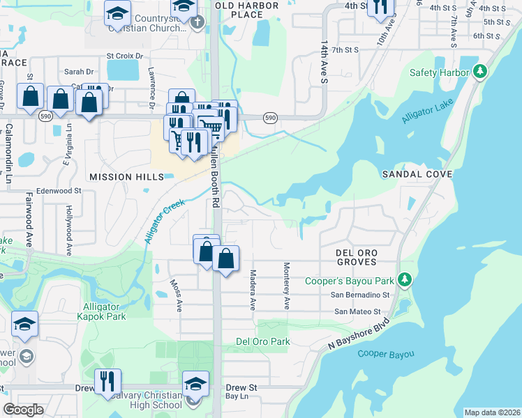 map of restaurants, bars, coffee shops, grocery stores, and more near 1347 McMullen Booth Road in Clearwater