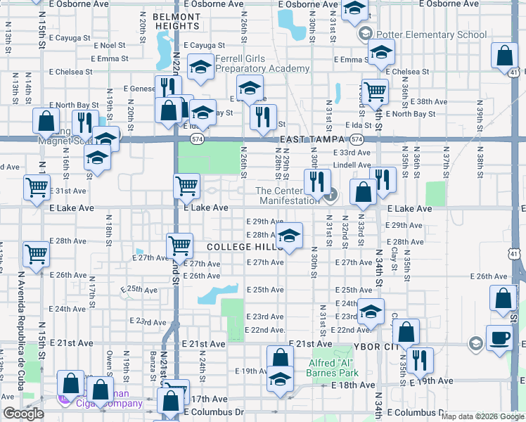 map of restaurants, bars, coffee shops, grocery stores, and more near 2615 East Lake Avenue in Tampa