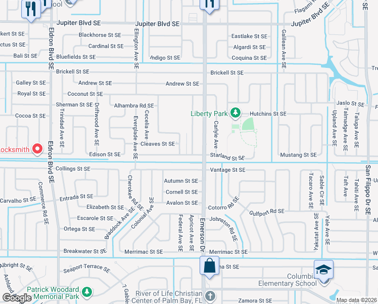 map of restaurants, bars, coffee shops, grocery stores, and more near 898 Campina Avenue Southeast in Palm Bay