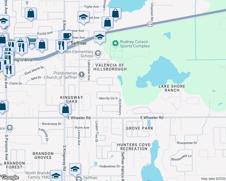 map of restaurants, bars, coffee shops, grocery stores, and more near 2307 Merrily Circle North in Seffner
