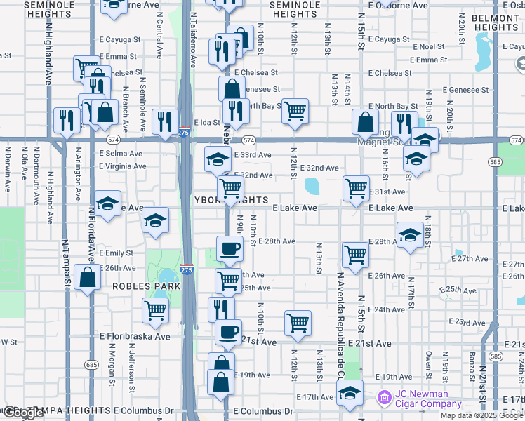 map of restaurants, bars, coffee shops, grocery stores, and more near 1006 East Lake Avenue in Tampa
