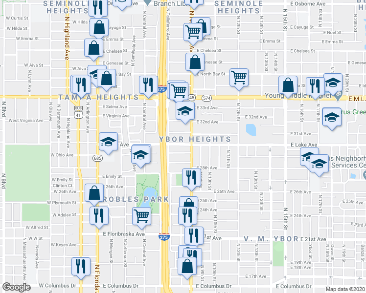 map of restaurants, bars, coffee shops, grocery stores, and more near 802 East Lake Avenue in Tampa