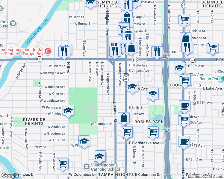 map of restaurants, bars, coffee shops, grocery stores, and more near 3701 North Tampa Street in Tampa