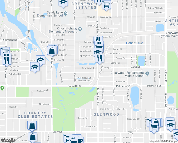 map of restaurants, bars, coffee shops, grocery stores, and more near 1447 Pine Brook Drive in Clearwater