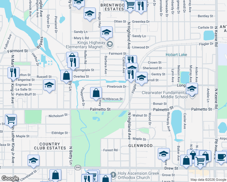 map of restaurants, bars, coffee shops, grocery stores, and more near 1447 Pine Brook Drive in Clearwater