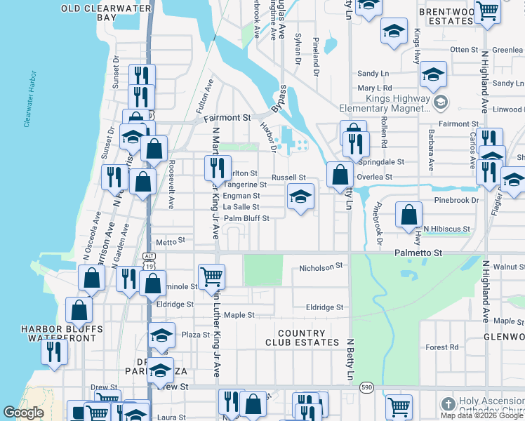 map of restaurants, bars, coffee shops, grocery stores, and more near 1136 La Salle Street in Clearwater