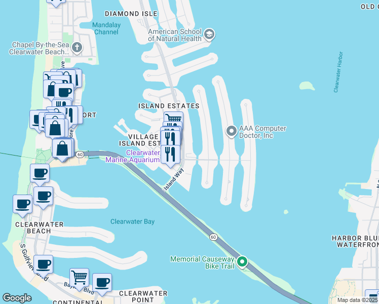map of restaurants, bars, coffee shops, grocery stores, and more near 121 Island Way in Clearwater