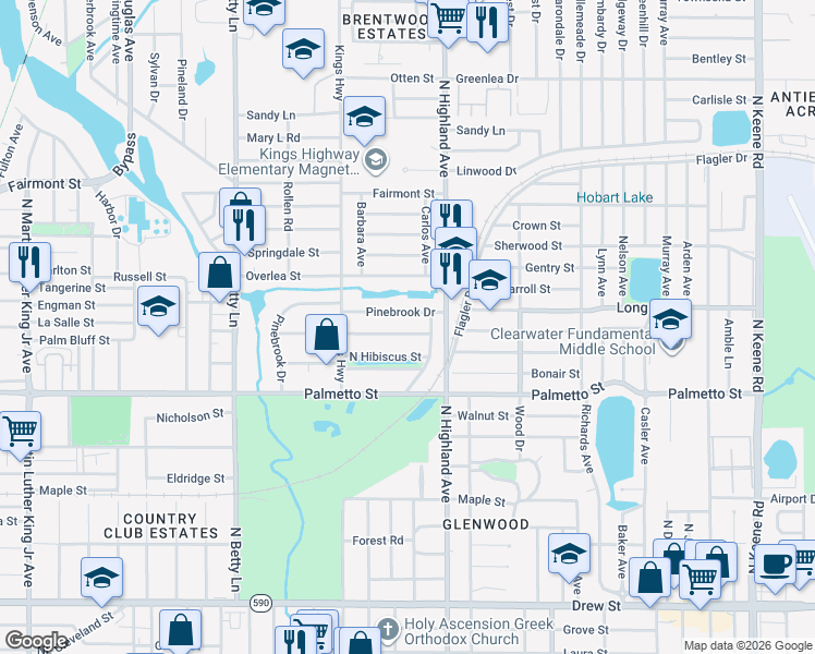 map of restaurants, bars, coffee shops, grocery stores, and more near 1464 Admiral Woodson Lane in Clearwater