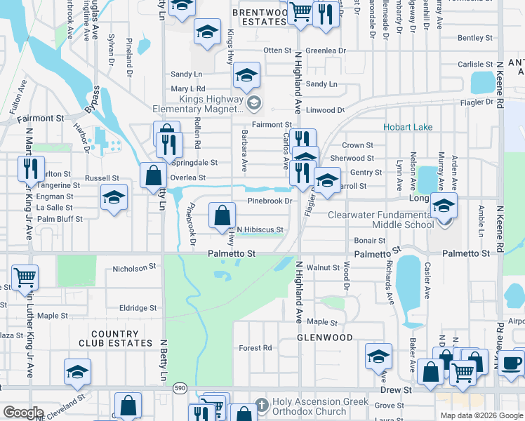 map of restaurants, bars, coffee shops, grocery stores, and more near 1446 Admiral Woodson Lane in Clearwater