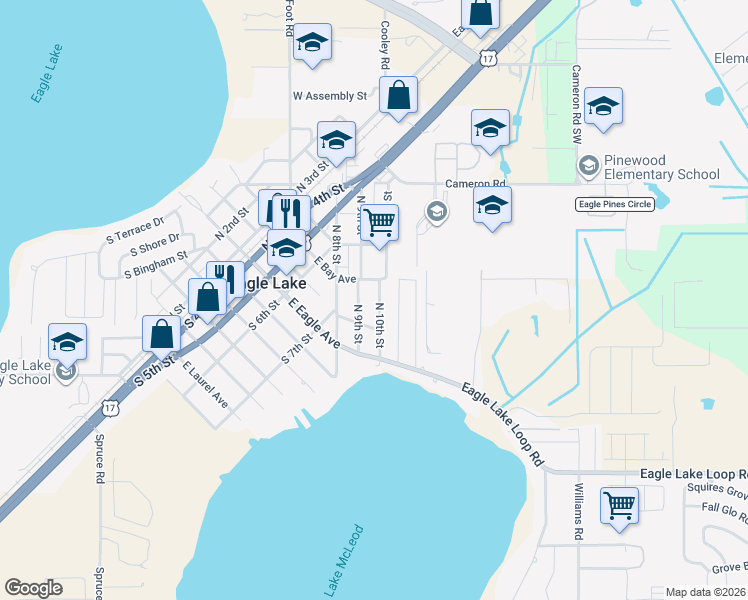 map of restaurants, bars, coffee shops, grocery stores, and more near 929 North 10th Street in Eagle Lake