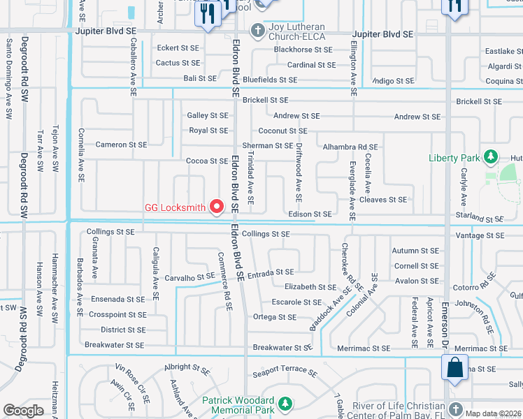map of restaurants, bars, coffee shops, grocery stores, and more near 894 Carnation Avenue Southeast in Palm Bay