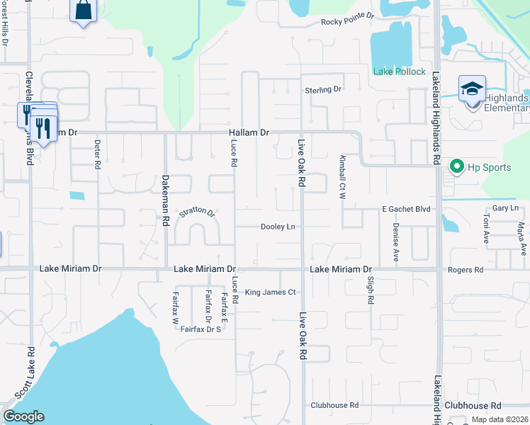map of restaurants, bars, coffee shops, grocery stores, and more near 1630 Monterey Lane in Lakeland