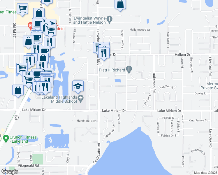 map of restaurants, bars, coffee shops, grocery stores, and more near 1031 Dolly Lane in Lakeland