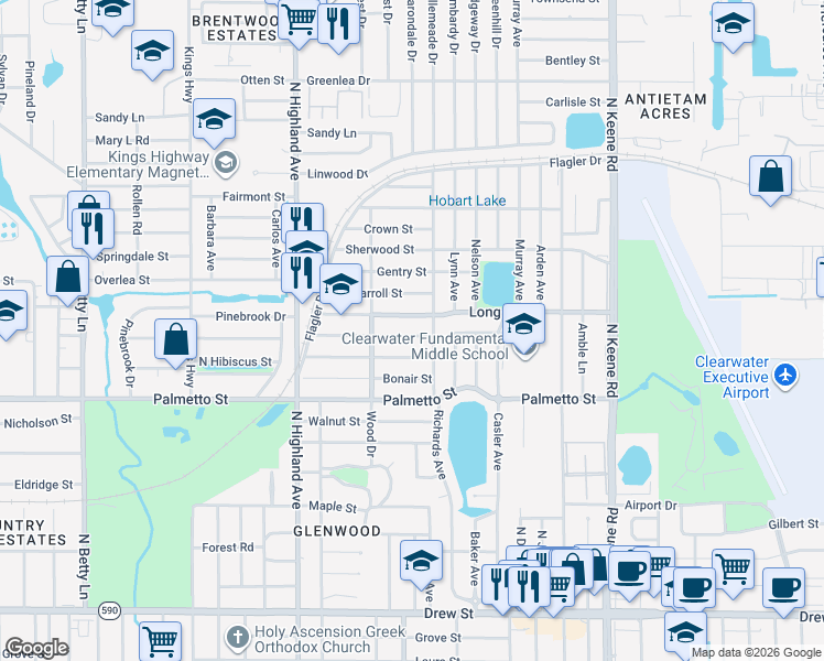 map of restaurants, bars, coffee shops, grocery stores, and more near 1604 Clark Street in Clearwater