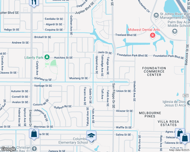 map of restaurants, bars, coffee shops, grocery stores, and more near 890 Crawford Avenue Southeast in Palm Bay