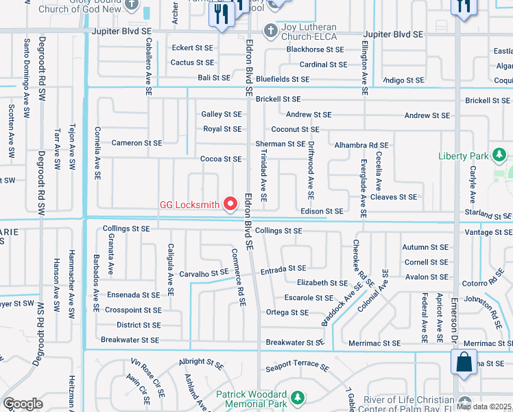 map of restaurants, bars, coffee shops, grocery stores, and more near 886 Trinidad Avenue Southeast in Palm Bay