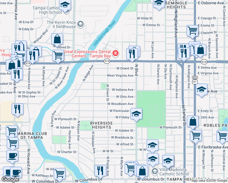 map of restaurants, bars, coffee shops, grocery stores, and more near 820 West Indiana Avenue in Tampa