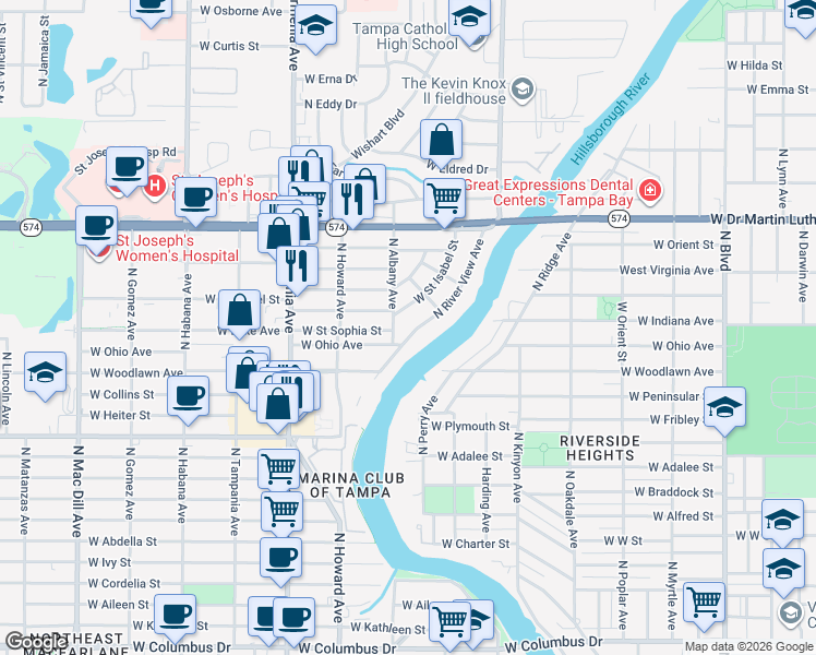 map of restaurants, bars, coffee shops, grocery stores, and more near 4129 North Albany Avenue in Tampa