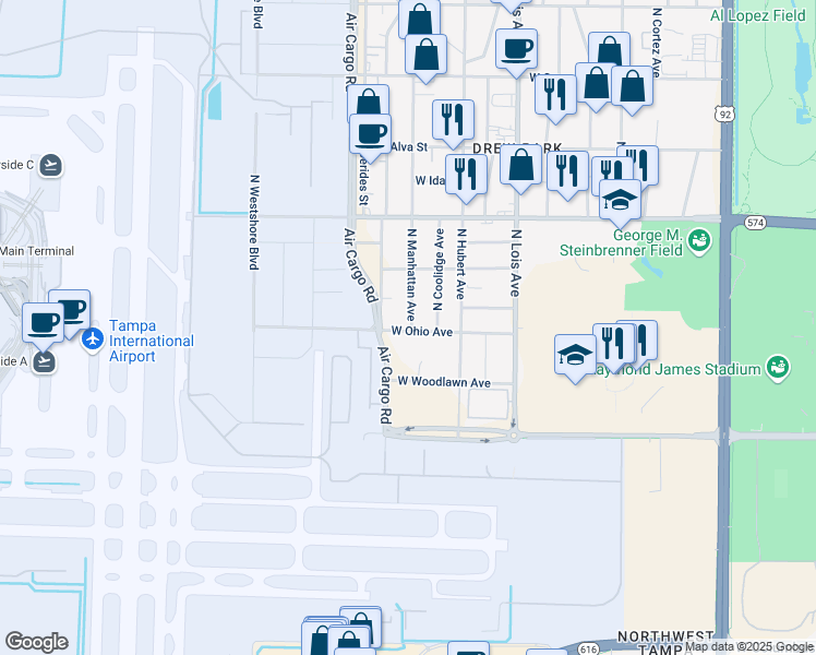 map of restaurants, bars, coffee shops, grocery stores, and more near 4204 North Manhattan Avenue in Tampa