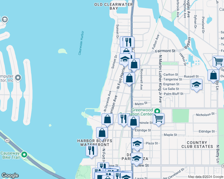 map of restaurants, bars, coffee shops, grocery stores, and more near 1204 North Fort Harrison Avenue in Clearwater