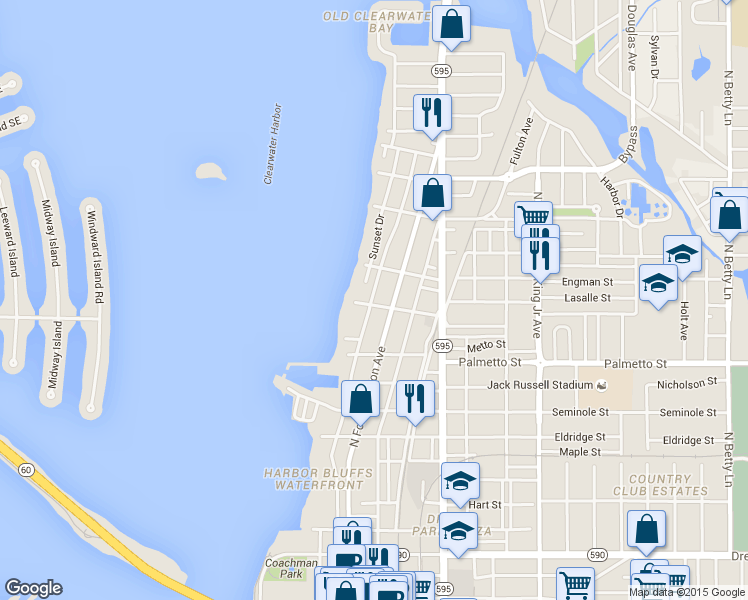 map of restaurants, bars, coffee shops, grocery stores, and more near 1204 North Fort Harrison Avenue in Clearwater