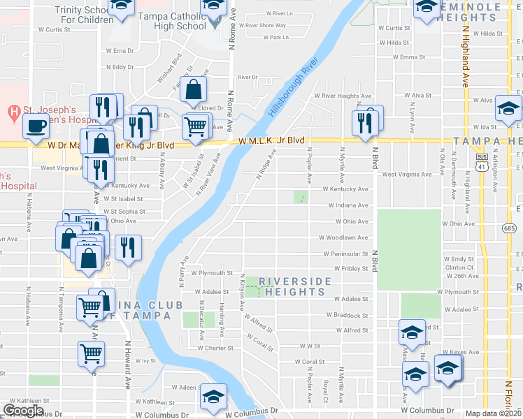 map of restaurants, bars, coffee shops, grocery stores, and more near 1010 West Indiana Avenue in Tampa