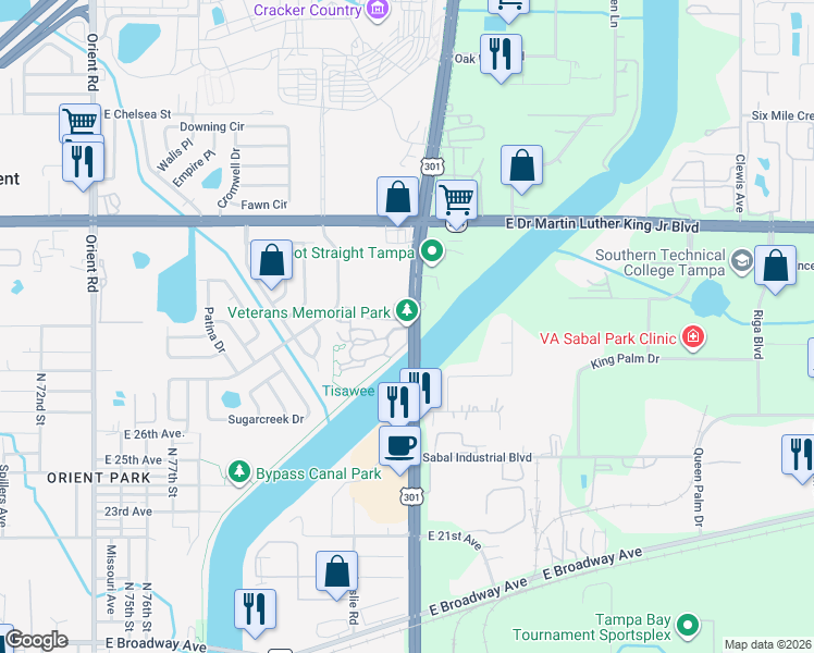 map of restaurants, bars, coffee shops, grocery stores, and more near 3602 U.S. 301 in Tampa