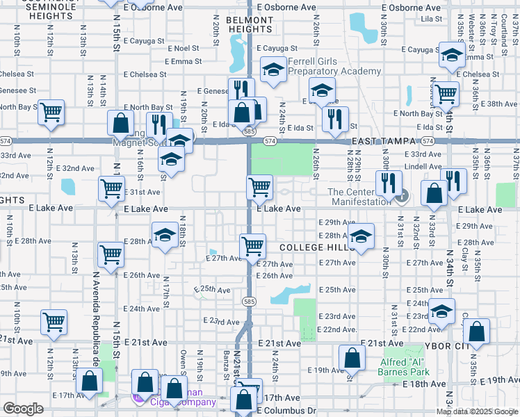 map of restaurants, bars, coffee shops, grocery stores, and more near 2206 East Lake Avenue in Tampa