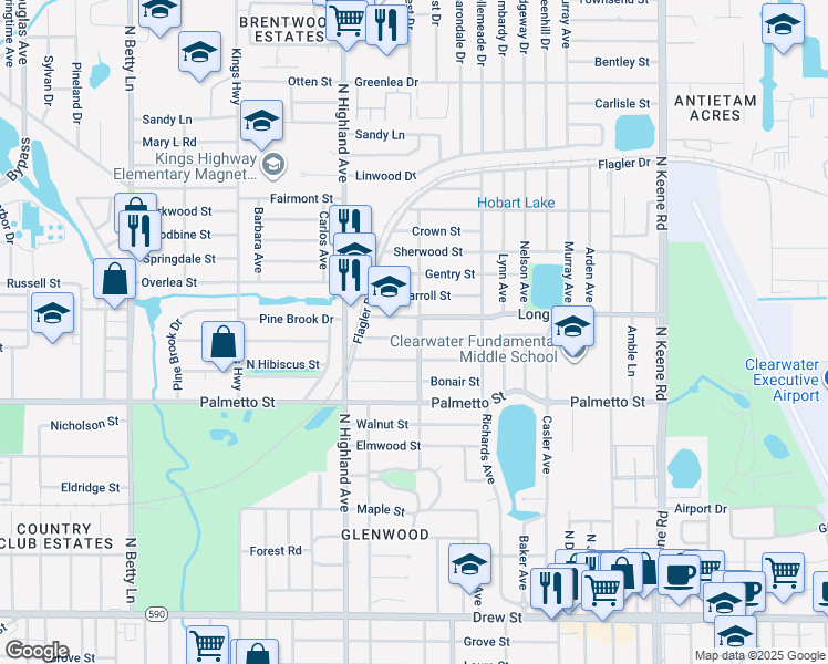 map of restaurants, bars, coffee shops, grocery stores, and more near 1226 Wood Avenue in Clearwater