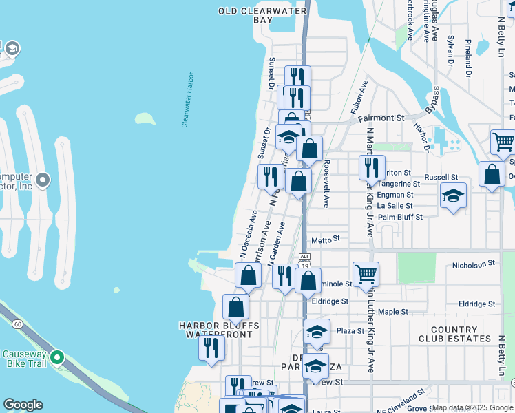 map of restaurants, bars, coffee shops, grocery stores, and more near 1204 North Fort Harrison Avenue in Clearwater